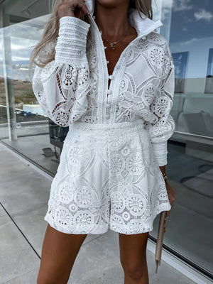 Foridol Vintage Single Breasted White Lace Women Shorts Sets Spring Long Sleeve Casual Party 2 Pcs Outfits Femme Suit Summer