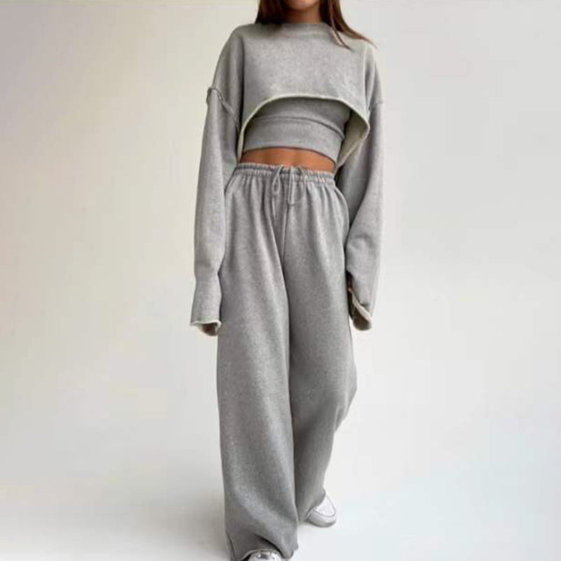woloong  White Three Piece Set For Women O Neck Long Sleeve Tops Sleeveless Vest Wide Leg Pants Female Casual Sets New