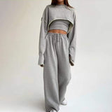 woloong  White Three Piece Set For Women O Neck Long Sleeve Tops Sleeveless Vest Wide Leg Pants Female Casual Sets New