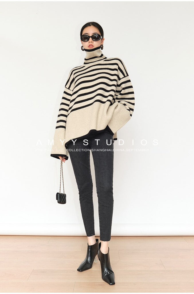 Fashion Tops Women Striped High Collar Sweater New Autumn Winter Loose Design Knitted Pullover Oversized Sweater  Jumper