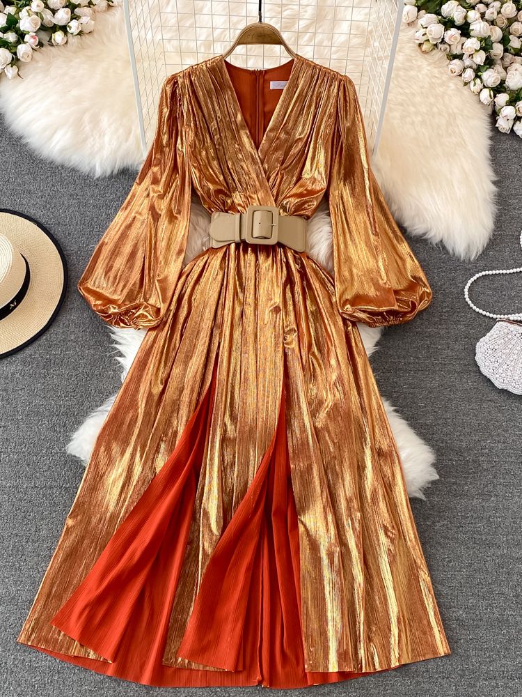 Spring New Women French Loose Midi Dress With Belt Elegant Long Sleeve A-line Lady Clothes  Autumn Female Birthday Party Robe