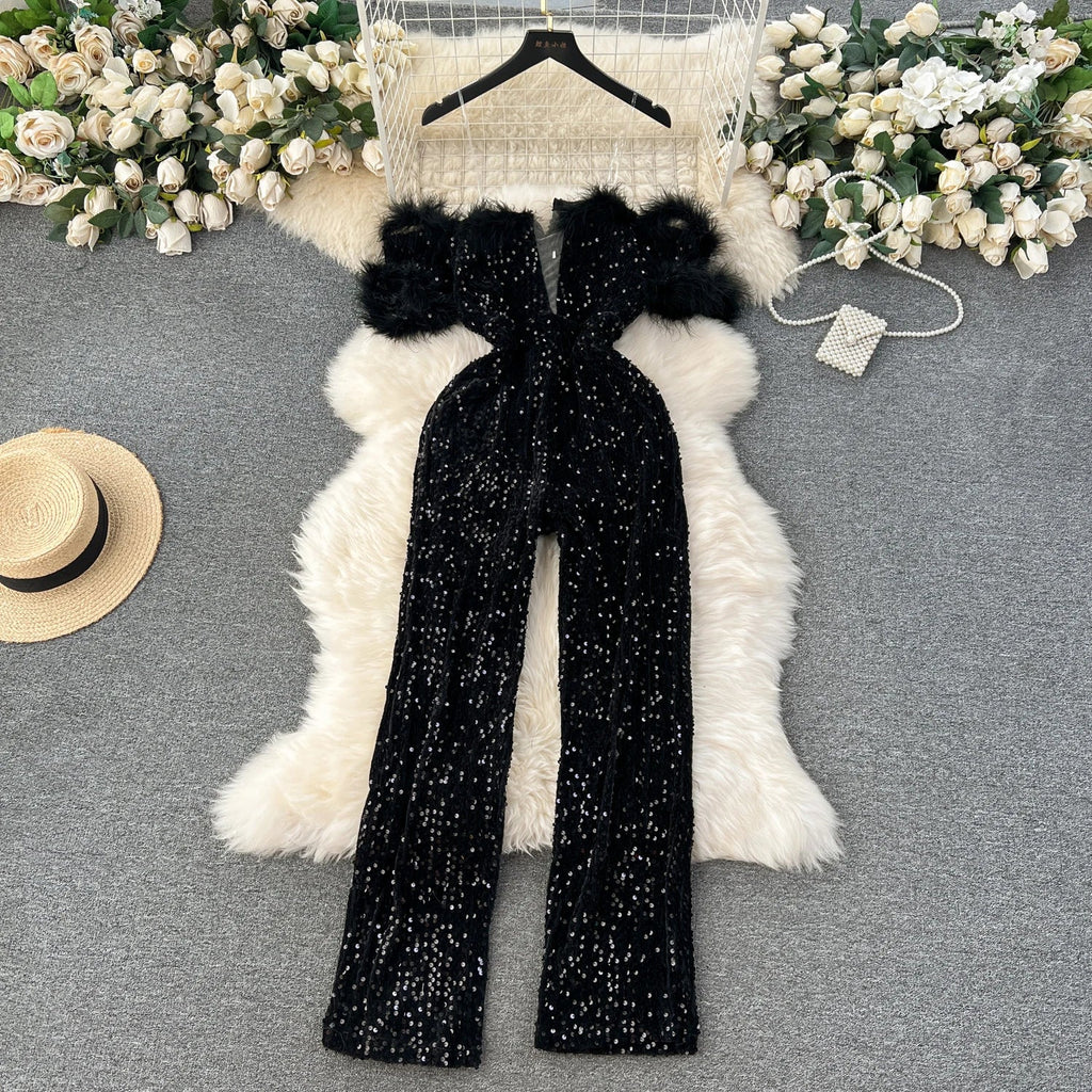 goosudu  Autumn Elegant Sexy Black Jumpsuits Europen Fashion Off the Shoulder Feather Patchwork Sequins Slim Long Playsuit
