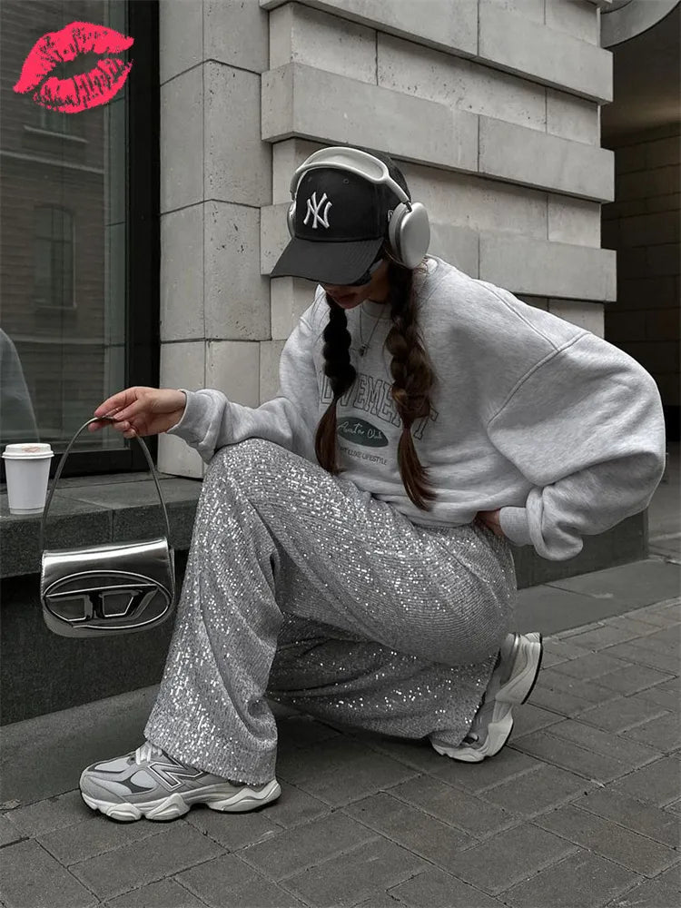Silver Sequin Female Trousers High Waist Casual Luxury Party Outfit Trousers Fashion High Street Sparkle Straight Legg New