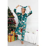 Women Winter Casual Nightwear Christmas Printed Long Sleeve Hooded Jumpsuit Loose Pajama Home Sleep Wear S/ M/ L/ XL/ XXL