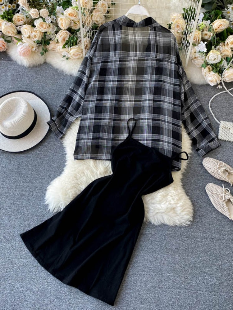 New Summer Autumn Casual Two Piece Set Long Sleeve Plaid Grey Overcoats Spaghetti Strap Slim Black Solid Dress