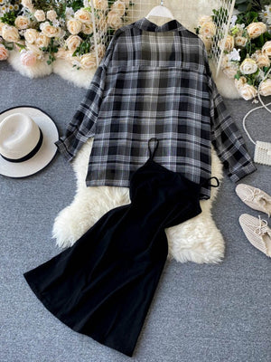 New Summer Autumn Casual Two Piece Set Long Sleeve Plaid Grey Overcoats Spaghetti Strap Slim Black Solid Dress