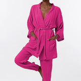 Women Double Layer Wrinkled Cotton Home Suit Sexy Casual Lace Up Shirt Sling Pencil Pants 3 Piece Set Autumn Beach Outfits