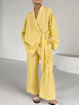 Casual Yellow Stripe Home Suits Elegant High Waist Wide Pants Set Fashion Long Sleeve Shirts Two Piece Pajamas Set Women Outfit