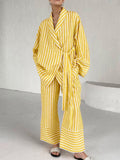 Casual Yellow Stripe Home Suits Elegant High Waist Wide Pants Set Fashion Long Sleeve Shirts Two Piece Pajamas Set Women Outfit
