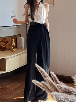 French Elegant Jumpsuits Women Casual Sleeveless Black and White Crop Tops + Loose Pants Office Lady Korean Clothing Summer
