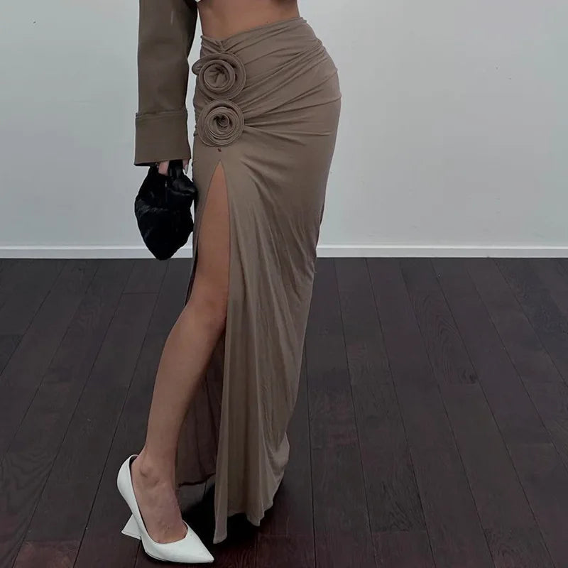 Elegant Ruched Split Maxi Skirts for Women Floral Applique Trim Fashion Outfits Vacation Beachwear Skirt Bottom