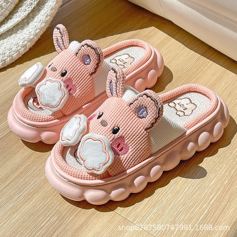 woloong  Four Season Home Non Slip Thick Sole Mute Hemp Cotton Women Slippers Cute Cartoon Shape Men Indoor Shoes New Arrival