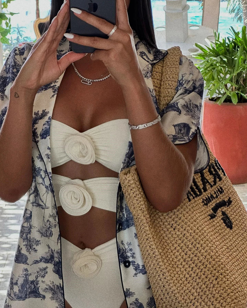 Two-Pieces Women Floral Lace Up  Push-Up Padded Bra White Swimsuit Swimwear Bathing Suit Beachwear Monokini Female