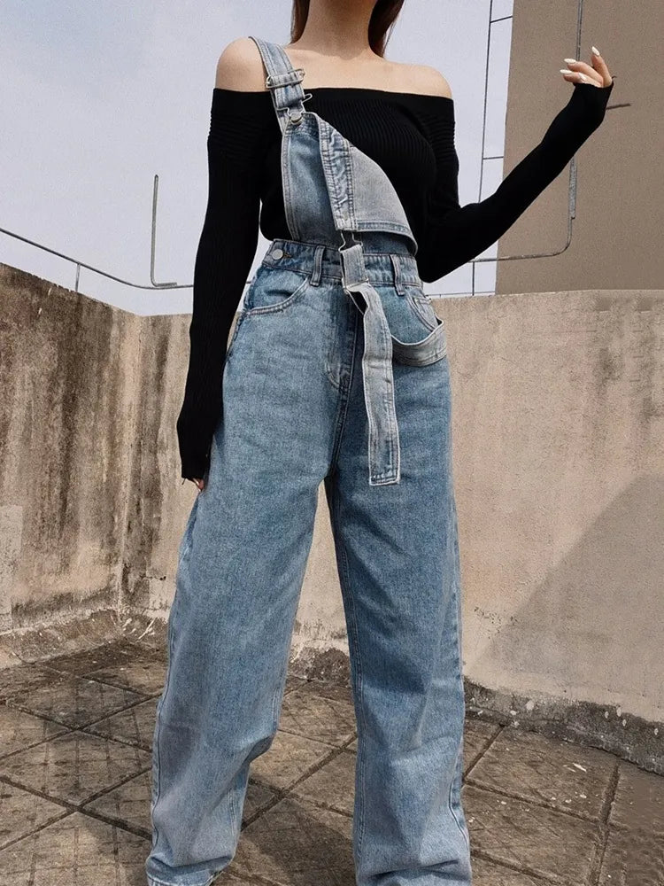 Vintage Denim Overalls for Women Baggy Jeans Spring Summer Casual Jumpsuits High Waist Straight Trousers Cargo Pants Female