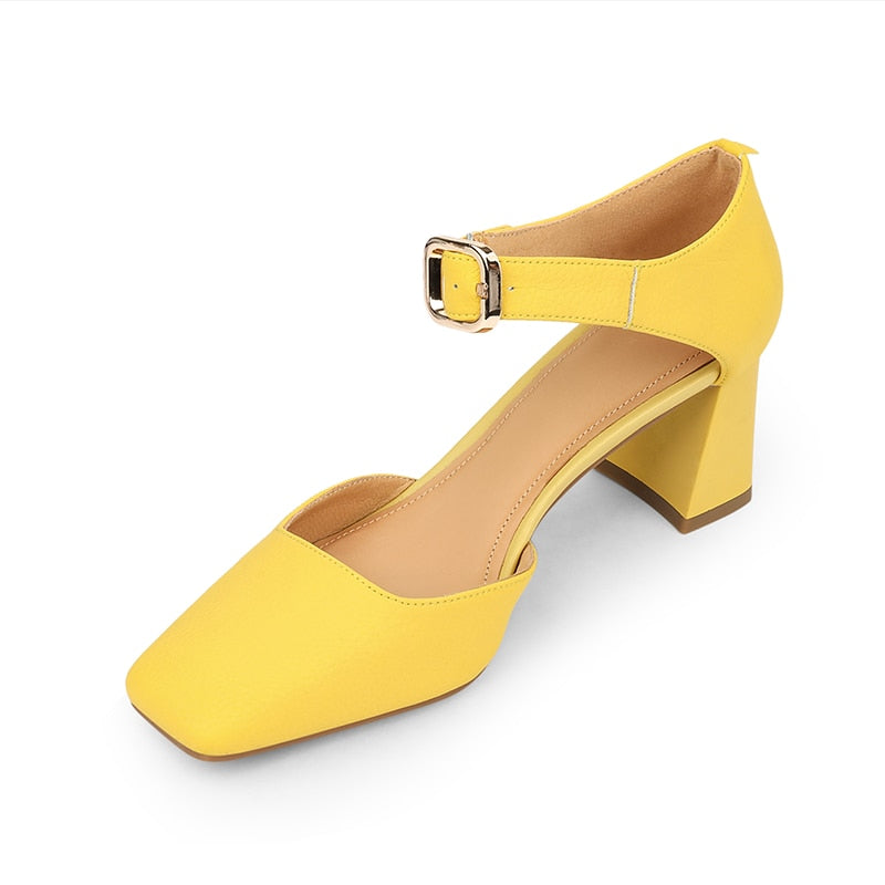 Summer New Women Shoes Square Toe High Heels Cover Heel Shoes Women Genuine Leather Women Sandals Concise Retro Mary Janes