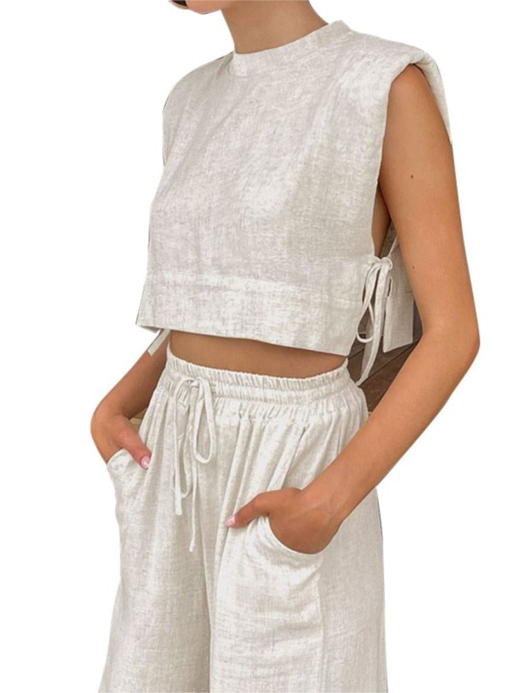 Women's Linen Style Casual Slim Fit Suit Sleeveless Lace Up Tops With Comfortable Wide Leg Pants Summer Beach Vacation Sets