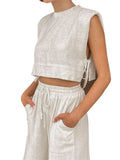 Women's Linen Style Casual Slim Fit Suit Sleeveless Lace Up Tops With Comfortable Wide Leg Pants Summer Beach Vacation Sets