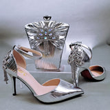 woloong New Arrival Sexy High Heel Pointed Elegant Noble Green Color Ladies Shoes and Bag Set For Any Occasion