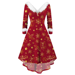 Winter Women Christmas Dress Faur Fax Collar Long Sleeves Cocktail Party Dress Xmas New Year Evening Flowy Elegant Prom Dresses