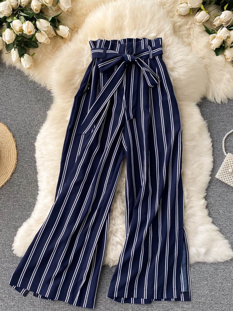 goosudu Summer New Fashion All-match Women's Casual Pants Retro Striped Color Slim Long Slit Wide Leg Pants DK1053