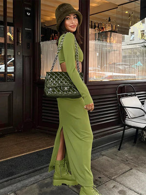 Elegant 2 Piece Set Green Long Sleeve Cropped Top And Slim Split Maxi Skirt Sets Femme  New Party Evening Outfits