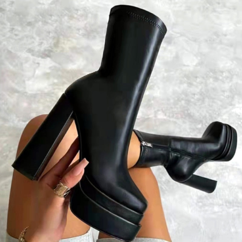 woloong  New Women Platform Boots Chunky Heels Designer Shoes For Women Motorcycle Boots Side Zipper Women's Ankle Botas Femininas