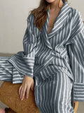 Casual Yellow Stripe Home Suits Elegant High Waist Wide Pants Set Fashion Long Sleeve Shirts Two Piece Pajamas Set Women Outfit