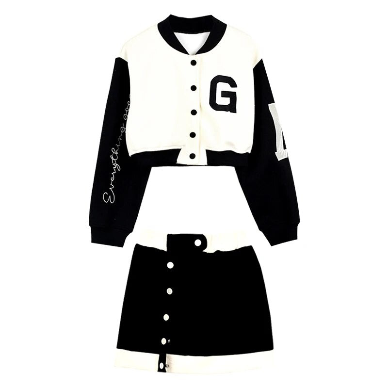 New Casual 2 Piece Set Women Loose Hoodie Vintage Baseball Jacket High Waist Mini Skirts Two Piece Suits