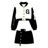 New Casual 2 Piece Set Women Loose Hoodie Vintage Baseball Jacket High Waist Mini Skirts Two Piece Suits