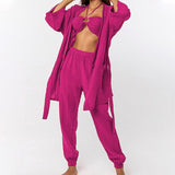 Women Double Layer Wrinkled Cotton Home Suit Sexy Casual Lace Up Shirt Sling Pencil Pants 3 Piece Set Autumn Beach Outfits