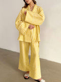 Casual Yellow Stripe Home Suits Elegant High Waist Wide Pants Set Fashion Long Sleeve Shirts Two Piece Pajamas Set Women Outfit
