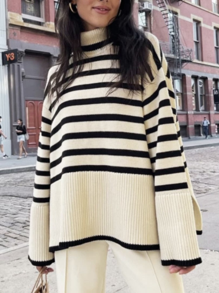 Winter Women’s Long Sleeves Knit Sweater Turtleneck Striped Print Loose Pullover Tops New Autumn Oversized Sweater