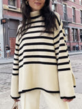 Winter Women’s Long Sleeves Knit Sweater Turtleneck Striped Print Loose Pullover Tops New Autumn Oversized Sweater