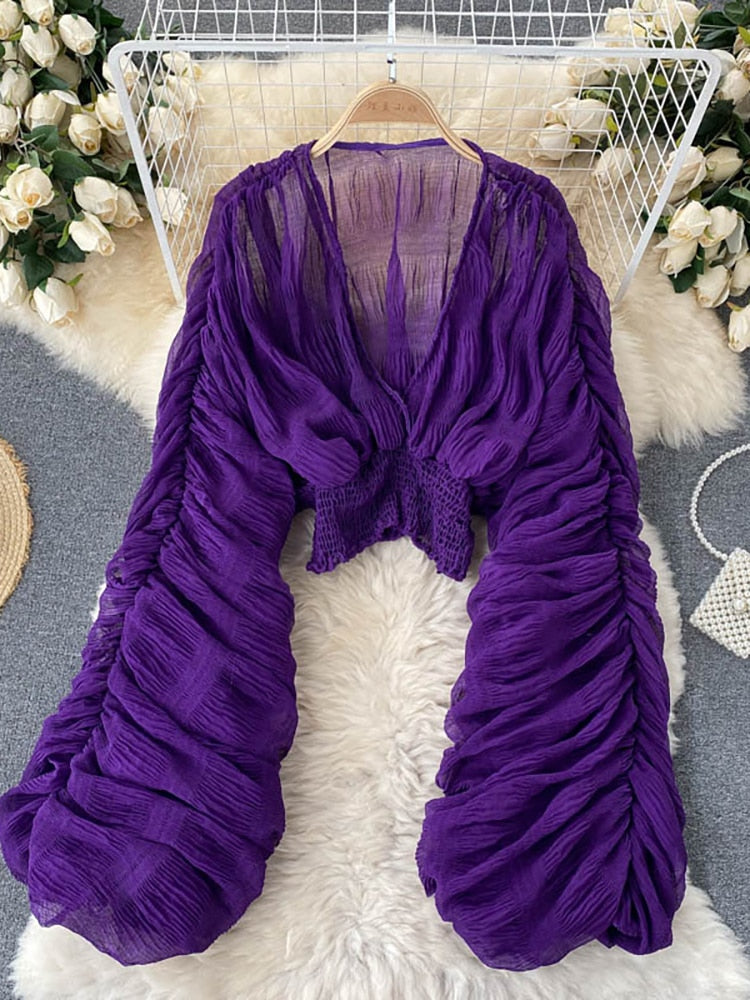 goosudu  Summer Sexy Draped Chiffon Blouse For Women Elegant V-Neck Puff Long Sleeve Short Tops Female Slim Party Shirts  New Fashion