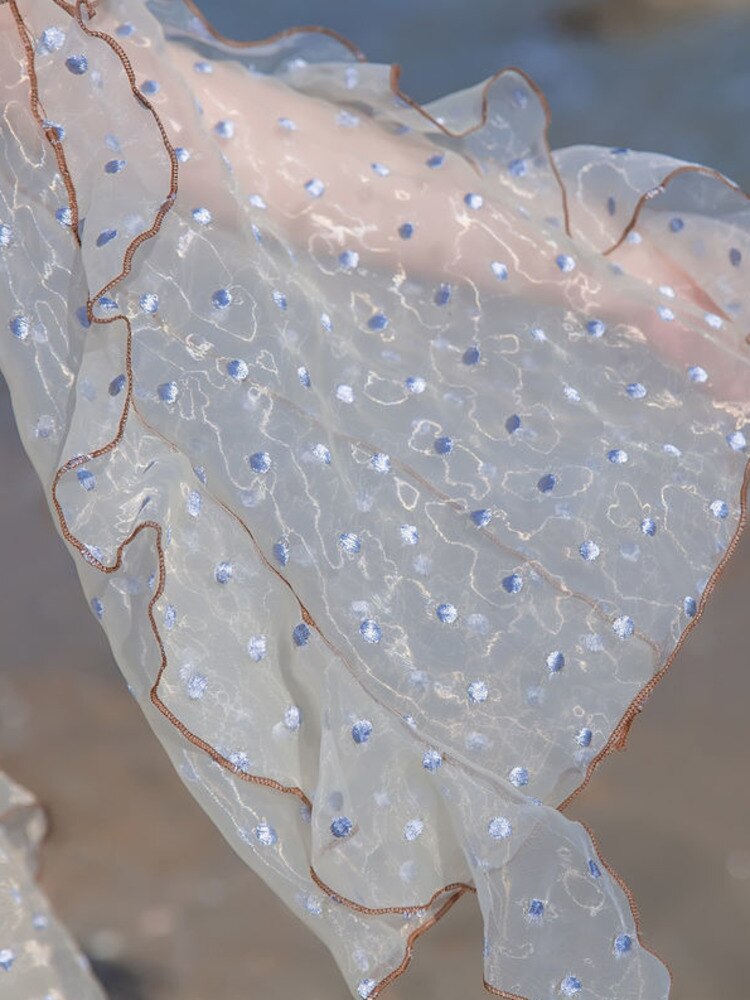 Spring New Organza Embroidered Super Fairy Holiday Beach Jumpsuit Women Fashion Flare Sleeve Ruffles Wide Leg Rompers Bodysuit