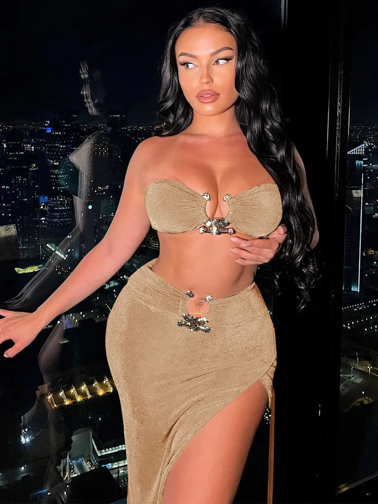 Sexy Strapless Crop Tube Top High Waist Slit Maxi Dress 2 Pcs Suits Fall Women Fashion Streetwear Vestido Y2K