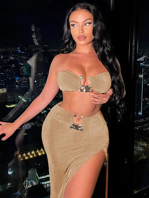 Sexy Strapless Crop Tube Top High Waist Slit Maxi Dress 2 Pcs Suits Fall Women Fashion Streetwear Vestido Y2K