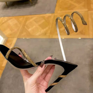 woloong  Red\Black\White Serpentine Winding Crystal Sandals Women Rhinestones Ankle Laces Stiletto Summer Pump Luxury New Party Fit Shoes