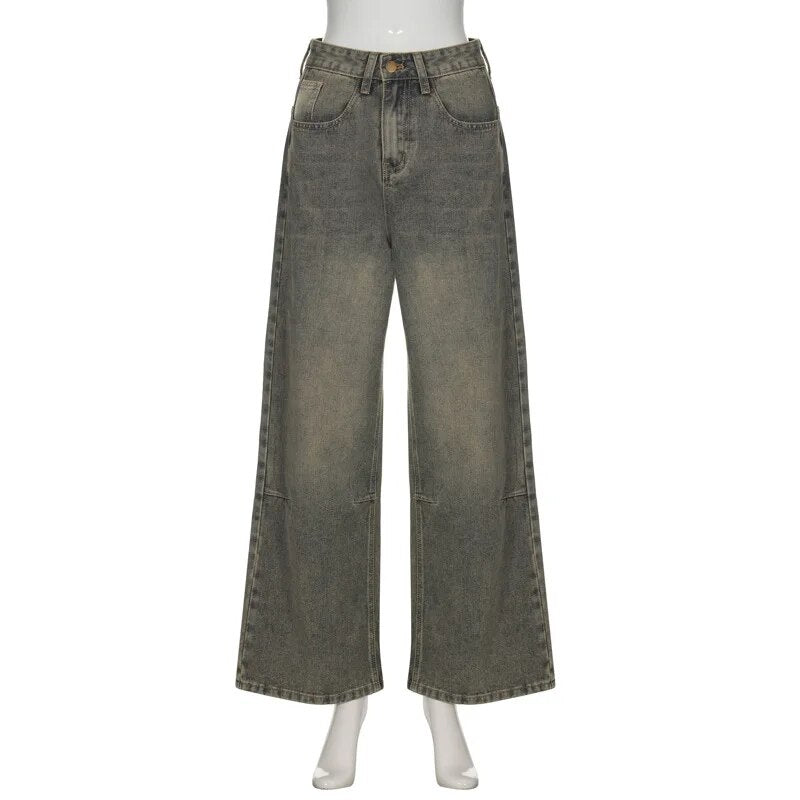 Vintage Wide Leg For Women Jeans Fashion New Jean Streetwear Zipper Pocket High Street Female Y2k Denim Trousers
