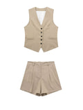 Linen V-neck Vest High Waist Shorts Sets Single Breasted Sleeveless Blazer Shorts 2 Pcs Set Women Fashion Commuter Suits