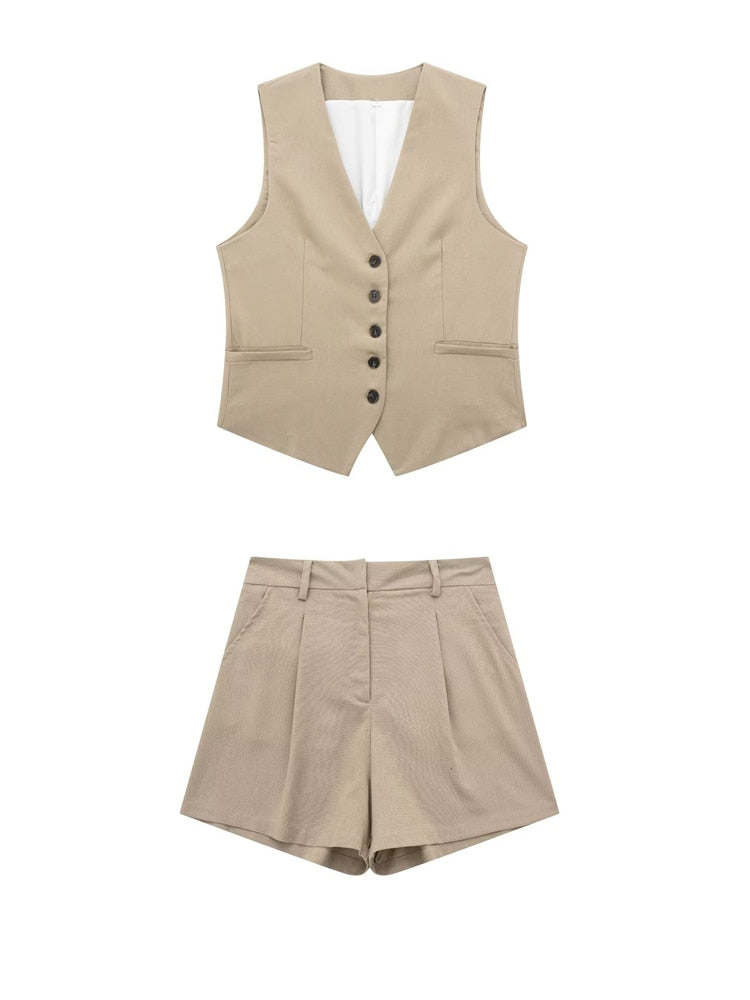 Linen V-neck Vest High Waist Shorts Sets Single Breasted Sleeveless Blazer Shorts 2 Pcs Set Women Fashion Commuter Suits