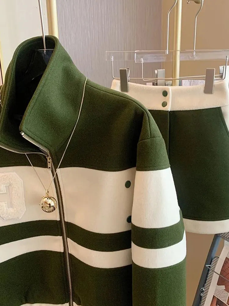 New Casual 2 Piece Set Women Loose Hoodie Vintage Baseball Jacket High Waist Mini Skirts Two Piece Suits