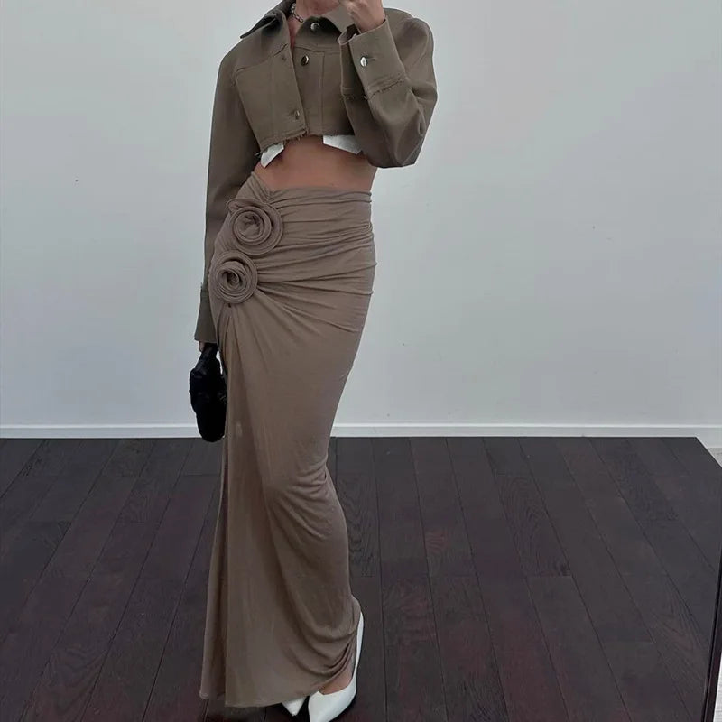 Elegant Ruched Split Maxi Skirts for Women Floral Applique Trim Fashion Outfits Vacation Beachwear Skirt Bottom