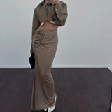 Elegant Ruched Split Maxi Skirts for Women Floral Applique Trim Fashion Outfits Vacation Beachwear Skirt Bottom