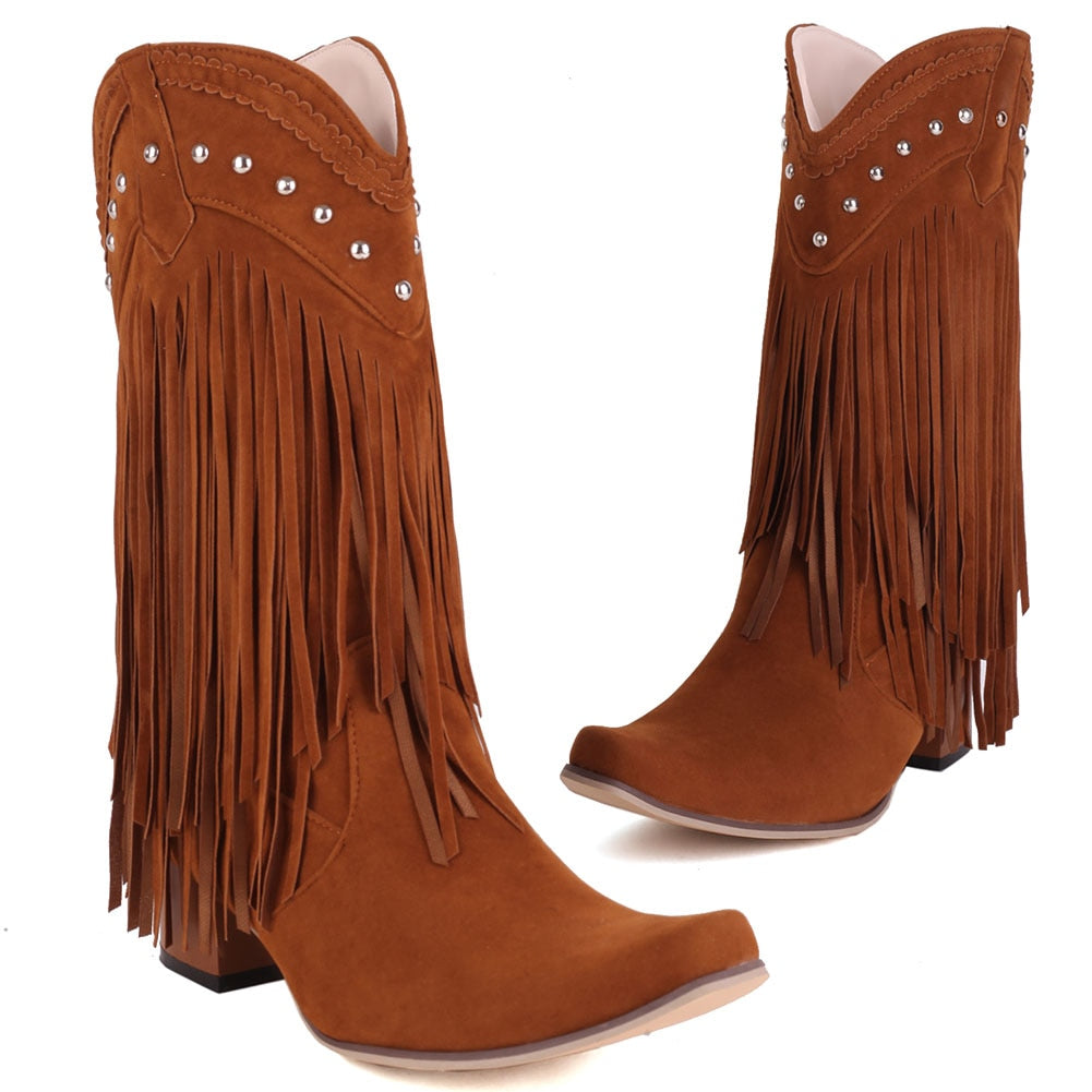 woloong  New Arrival Cowboy Western Long knee-high Boots Women Stacked Heeled Fringe Retro Casual Ridding Boots Autumn Shoes