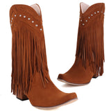 woloong  New Arrival Cowboy Western Long knee-high Boots Women Stacked Heeled Fringe Retro Casual Ridding Boots Autumn Shoes