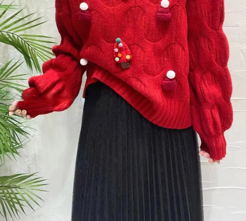 Christmas Tree Appliques Loose Pullovers Women O-neck Long Sleeve Knitted Sweaters Female Autumn Winter New Arrival Pull Femme New Year