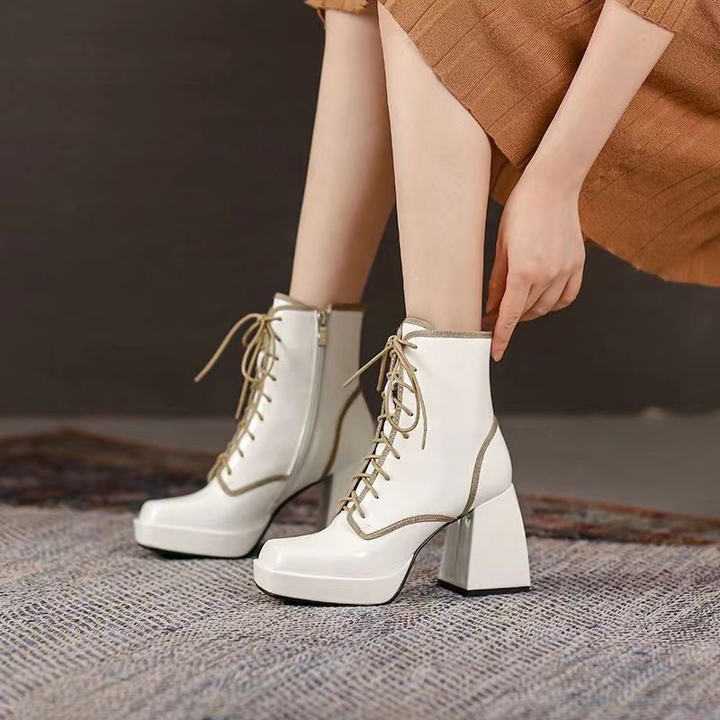 woloong  Thick Heel  Boots Autumn Winter New Fashion Side Zipper Lace Non-slip Waterproof Platform Thick-soled Women's Boots ANKLE