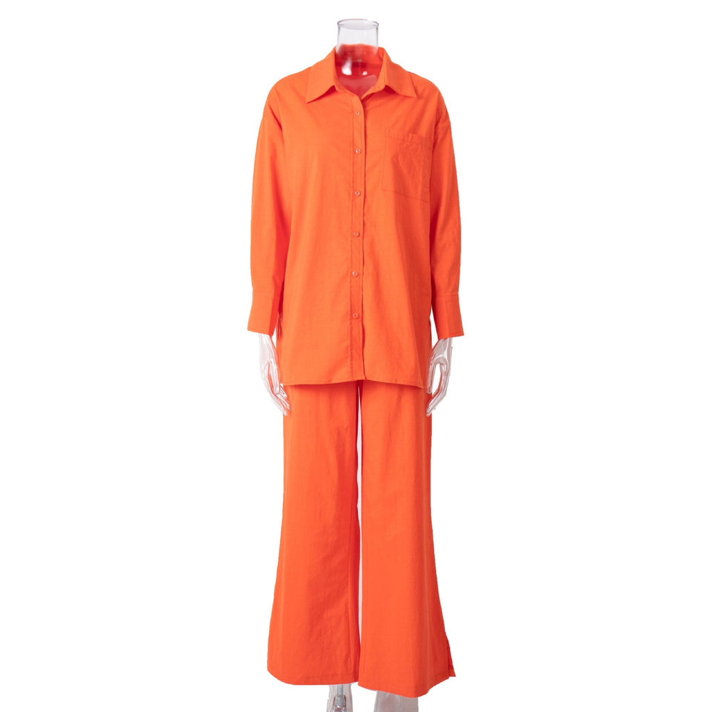 Cotton Homewear Shirt Long Pants 2 Piece Set Female Long Sleeve Shirt Suit High Waist Lace Up Slit Wide Leg Pants Set