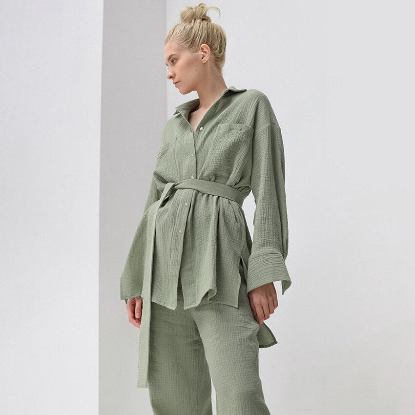 Casual Cotton Sleepwear Oversize Tops Pants 2 Piece Sets Women Loose Lace Up Shirts Suits Female Solid Homewear Outfits